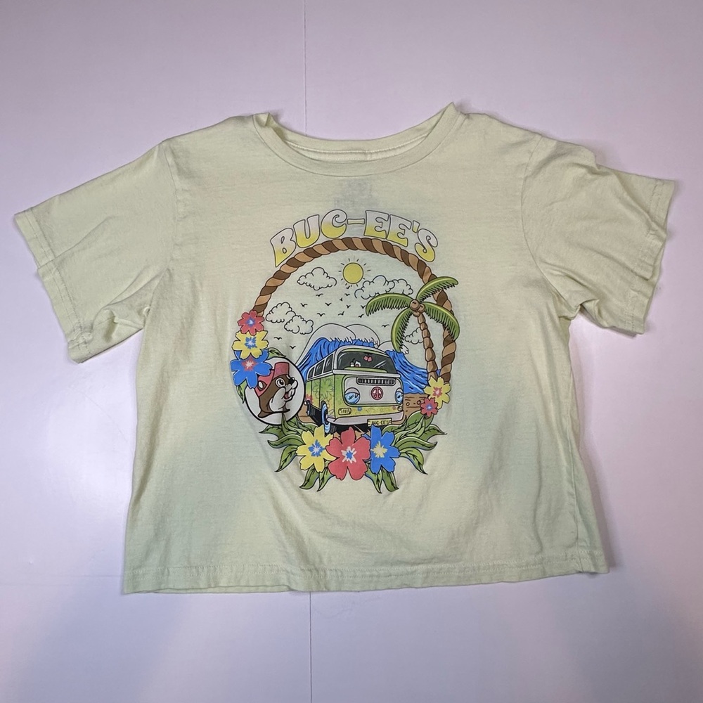 Buc-ee’s‎ Women’s Junior’s Crop Top T-shirt Very Light Green Groovy Beach Island